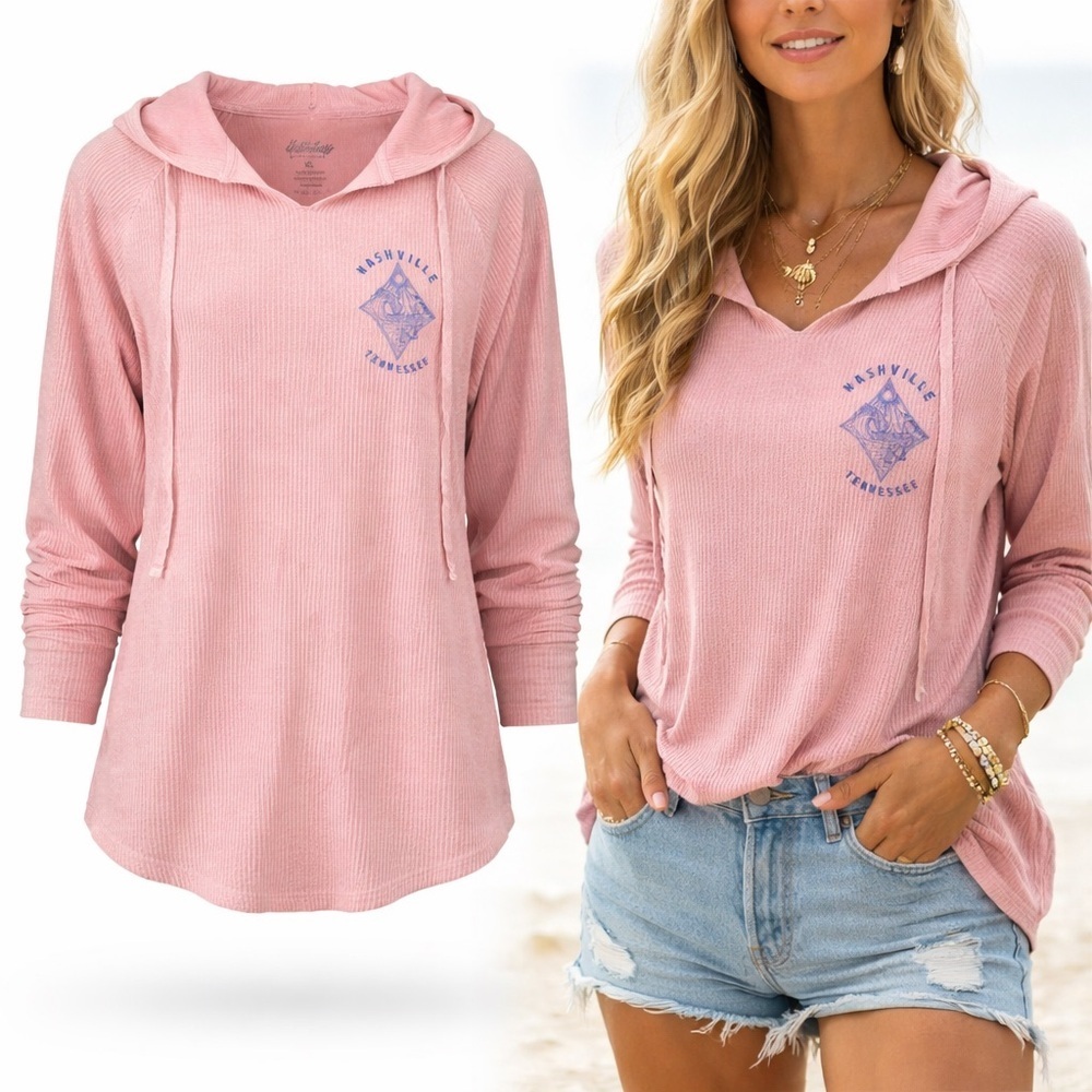 Yesterdays Sportswear Pink Hooded Thermal Top Nashville Graphic XL Boho Coastal